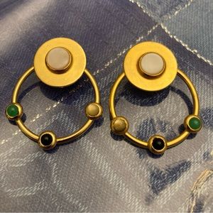 SIGNED G N BUONANNO Gold Plated Drop Hoop Earrings w/ Green,Black,&White Stones